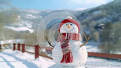 Cheery snowman wearing a festive red hat and scarf at a snowy mountain ski resort, copy space. AI generated Stock Photo