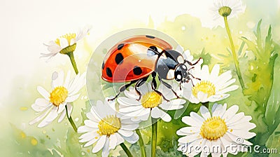 Cheery Watercolor Ladybird Beetle Resting on Soft Petal in Summer Garden AI Generated Cartoon Illustration