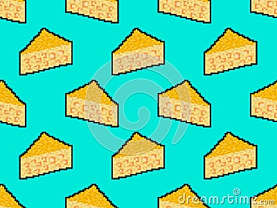 Cheese 8 bit pixel art seamless pattern. Pixel cheese with holes in 8 bit retro video game graphics style 80s - 90s. Design for Vector Illustration