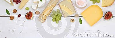 Cheese board platter plate Swiss bread Camembert copyspace banner top view Stock Photo