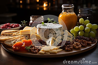 Cheese board with walnuts figs bread jams and grapes Stock Photo