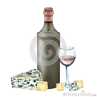 Cheese brie and pieces with red wine bottle, glass illustration, Cut cheese composition with drink for menu, restaurant, cheese Cartoon Illustration
