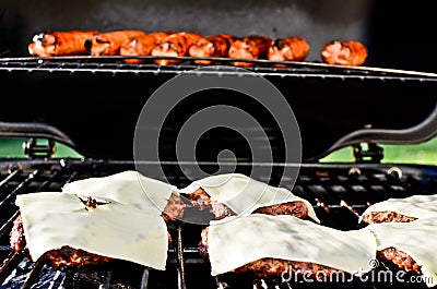 Cheese Burgers and Hot Dogs on the Grill Stock Photo