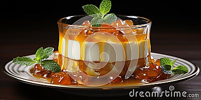 Cheese cake with caramel and sugar syrup on a glass cup Stock Photo