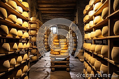 Cheese in a cellar of a winery in South Italy. A cheese aging cellar with rows of cheese wheels on wooden shelves, AI Generated Stock Photo