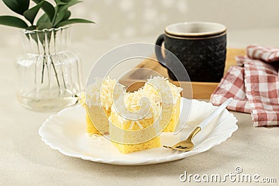 Cheese Chiffon Slice, Homemade Sponge Cake with Grated Cheese on Top Stock Photo