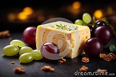 Cheese collection, piece of Swedish hard yellow cheese and grapes on dark background. Commercial promotional food photo Stock Photo