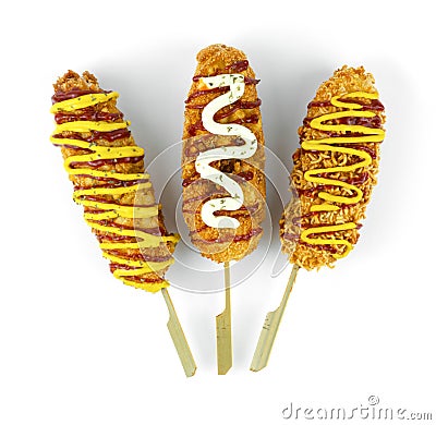 Cheese Corndog 3 Favourite Instant noodles, French fries Potato and Bread Crumbs Stock Photo