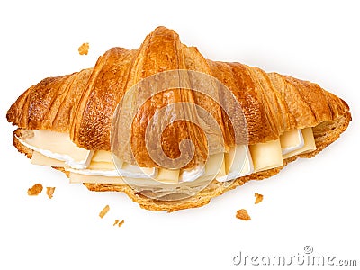 Cheese croissant filled with edam and brie slices isolated on white from above. Crumbs Stock Photo