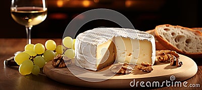 Cheese delicatessen on wooden plate with walnuts, perfect for wine pairing, romantic evenings Stock Photo