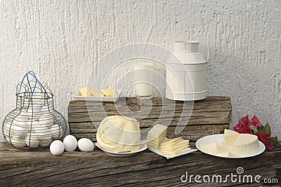 Cheese, eggs, milk Stock Photo