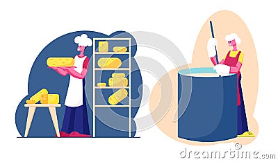 Cheese Factory, Dairy Production Industry Plant. Worker Mixing Fresh Milk in Creamery or Huge Mixer, Put Bricks on Shelf Vector Illustration