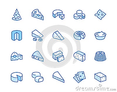 Cheese flat line icons set. Parmesan, mozzarella, yogurt, dutch, ricotta, butter, blue chees piece vector illustrations Vector Illustration