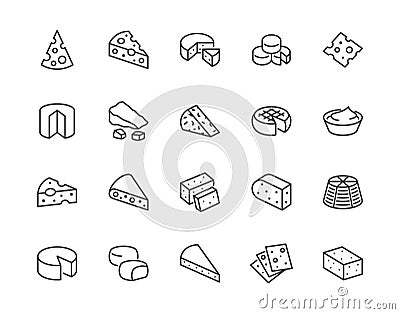 Cheese flat line icons set. Parmesan, mozzarella, yogurt, dutch, ricotta, butter, blue chees piece vector illustrations Vector Illustration