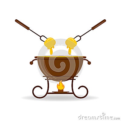 Cheese fondue in ceramic bowl with fire. Vector illustration Vector Illustration