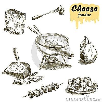 Cheese fondue sketches Vector Illustration