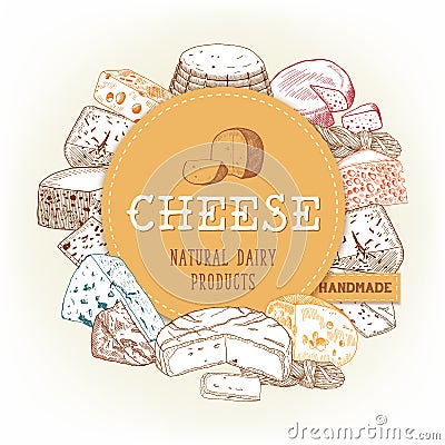Cheese food banner with gouda and cheddar, chechil Vector Illustration