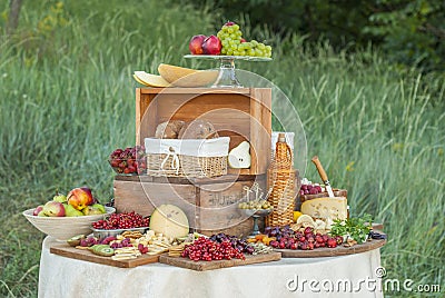 Cheese and fruits on a beautifully vintage decorated table Stock Photo