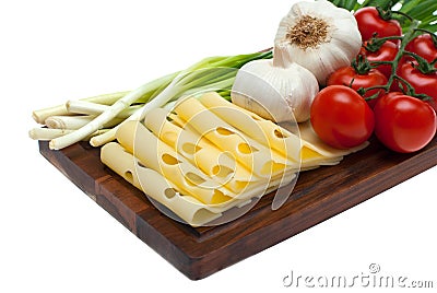 Cheese, garlic, onion. Stock Photo