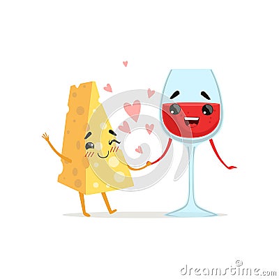 Smiling cheese and glass of red wine holding by hands. Couple in love. Food and drink concept. Vector illustration Vector Illustration