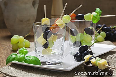 Cheese and Grape skewers in weck glass Stock Photo