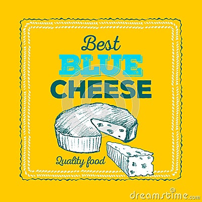 Cheese icon hand drawn. Round cheese wheel sign. Sliced food with typographic Vector Illustration