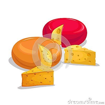 Cheese illustrations. Various type of cheese. Parmesan, Edam, Maasdam cheese. Vector Illustration