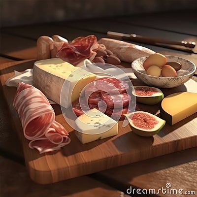 Cheese and jamon on a wooden table. AI generative Stock Photo