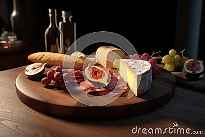 Cheese and jamon on a wooden tray. AI generative Stock Photo