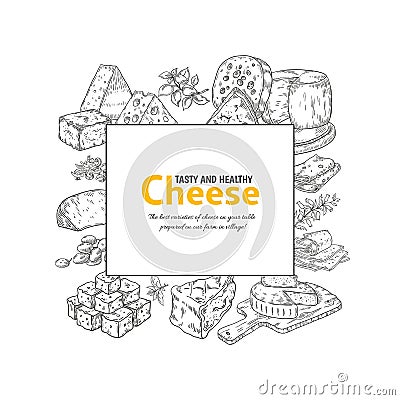 Cheese label. Dairy products hand drawn banner. Pieces or slices of maasdam and parmesan. Square frame with lettering Vector Illustration