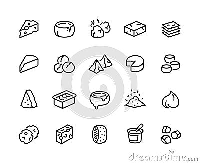 Cheese line icons. Sour dairy products, mozzarella parmesan ricotta cheddar and blue cheese. Vector outline set of brie Vector Illustration
