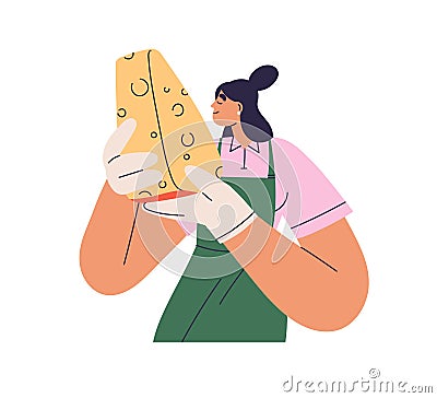 Cheese maker, gourmet smelling farm dairy product. Cheesemonger during maasdam degustation. Woman holding tasty Holland Vector Illustration