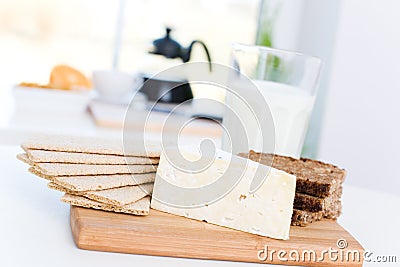 Cheese, milk, bread Stock Photo