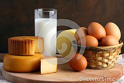 Cheese, milk and eggs Stock Photo