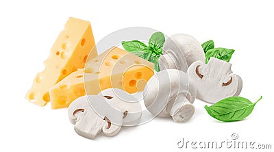 Cheese, mushrooms and green basil leaves isolated on white background Stock Photo