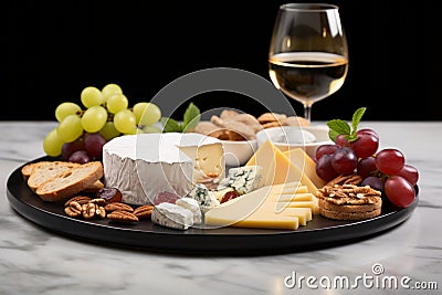 Cheese Plate with Grapes and White Wine - Tantalizing Trio for Elegant Dining and Wine Pairings. Stock Photo