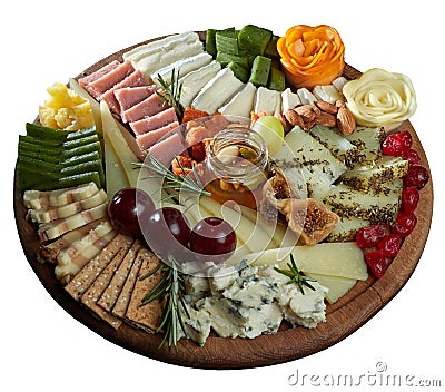 Cheese platter. Appetizers boards with assorted cheese, honey, dried figs and cherries, grapes and nuts. Isolated Stock Photo