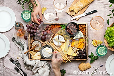 Cheese platter for summer outdoor party, top down view Stock Photo