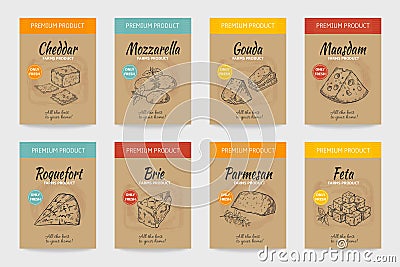 Cheese posters. Gourmet food vintage sketch, organic menu design, cheese and milk product package. Vector doodle snacks Vector Illustration