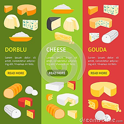Cheese Product Dairy Banner Vecrtical Set. Vector Vector Illustration