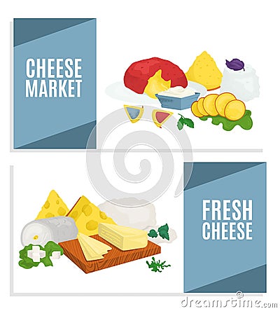 Cheese product set banner, vector illustration. Food from milk collection, tasty mozzarella, feta, cheddar and flat Vector Illustration