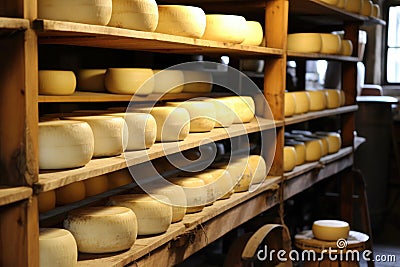 Cheese production: maturing circles in the cellar Stock Photo