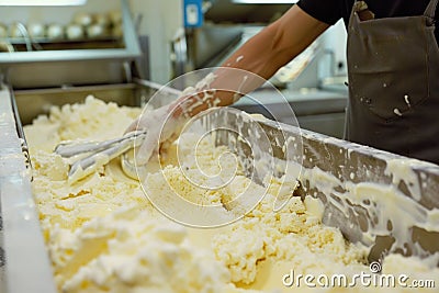 Cheese production worker separating curds with tools Stock Photo