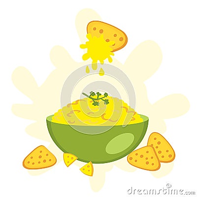 Cheese sauce for nachos tortilla chips in the bowl in flat style. Perfect for tee, stickers, menu and poster. Isolated vector Vector Illustration