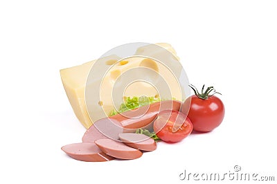 Cheese, sausage, tomato over white Stock Photo