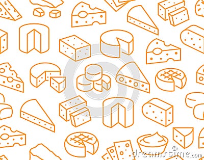 Cheese seamless pattern with flat line icons. Vector background, illustrations of parmesan, mozzarella, yogurt, dutch Vector Illustration