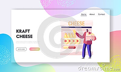 Cheese Selling Website Landing Page. Man Customer Choose and Take Dairy Production on Supermarket Shelf Vector Illustration