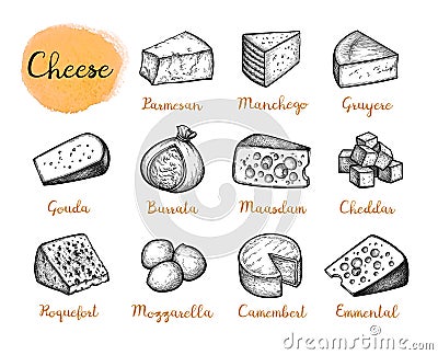 Cheese ink drawings set. Vector Illustration
