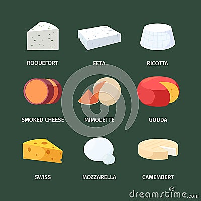 Cheese set. White cheeses with roquefort and feta mold round smoked orange triangle in passing soft pizza mozzarella Vector Illustration