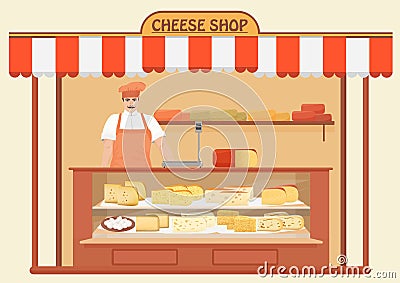 Cheese Shop. Man Seller. Store shelves with different kind of Cheese set. Parmesan mozarella swiss emmentaler cheddar Vector Illustration